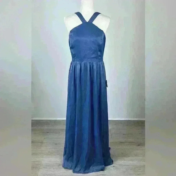 Lulus Air of Romance Vintage Blue Satin Maxi Evening Dress Women's Size Large - Picture 1 of 10